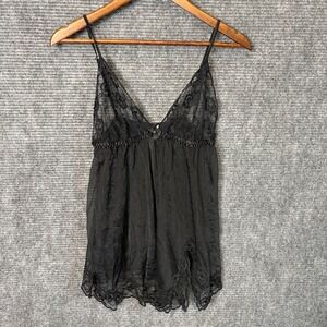 Frederick's of Hollywood Black Lace Cami Womens Sheer Babydoll Y2K Lingerie Top